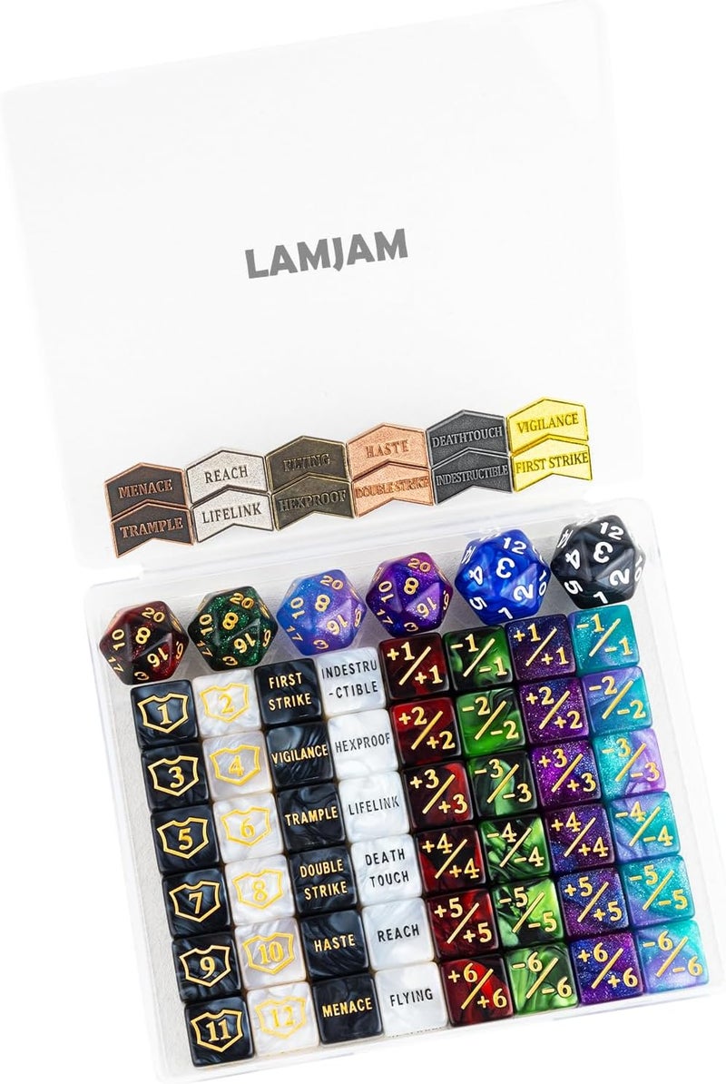 LAMJAM 66 PCS MTG Dice Counters Keyword Metal Tokens +1/+1 Shield Life Counter Dice Set Spindown D20 for MTG, TCG, Magic Cards Gaming Accessories - Image 1